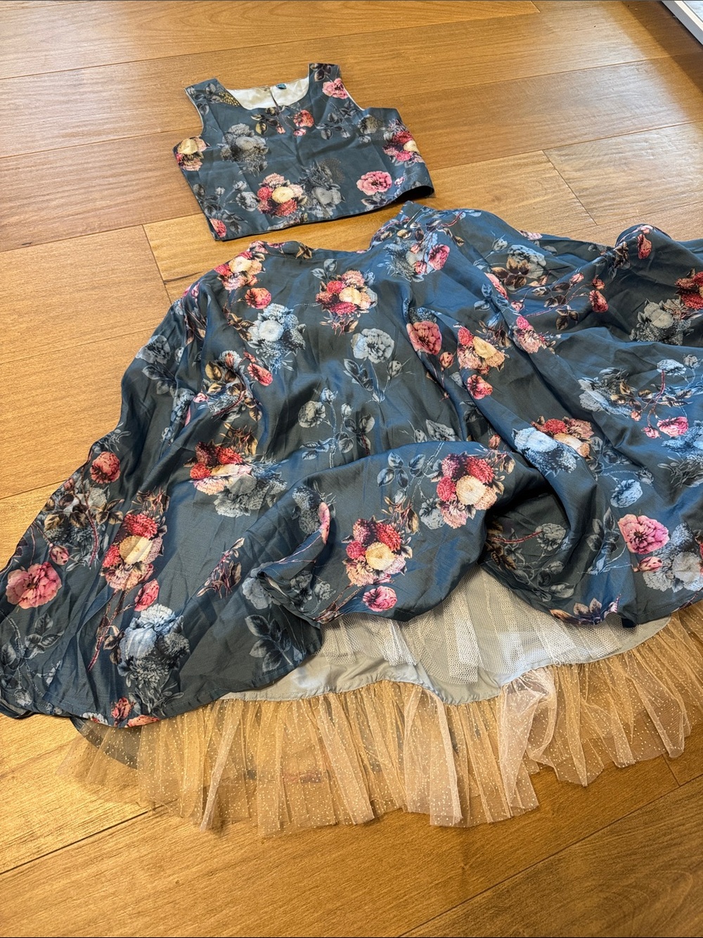Floral Navy Two-Piece Kids Dress with Tulle